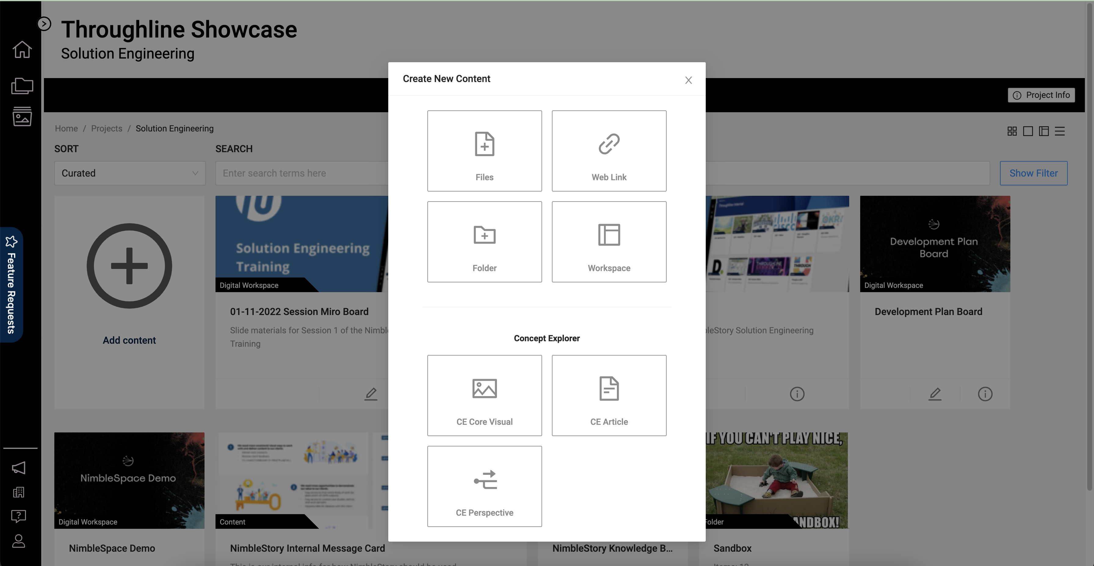Add Content modal displaying the different types of Project Content